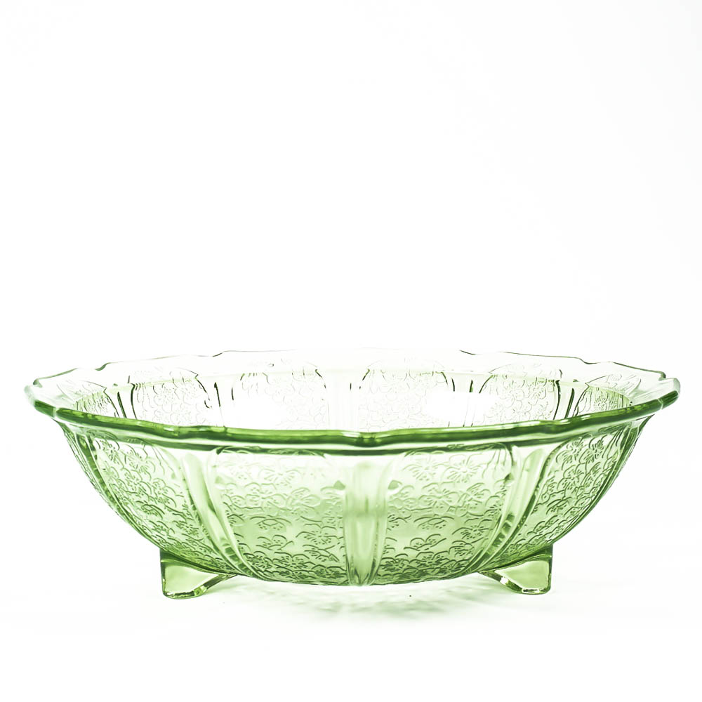 Green Cherry Blossom Pattern Depression Glass Bowl