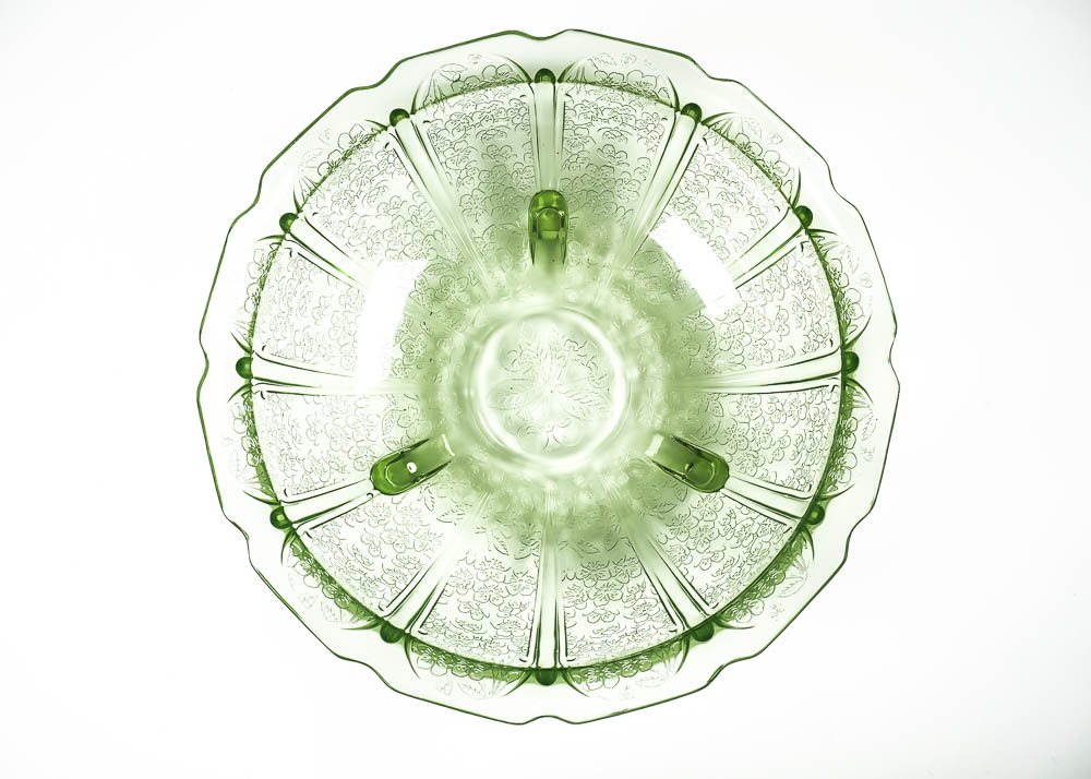 Green Cherry Blossom Pattern Depression Glass Bowl