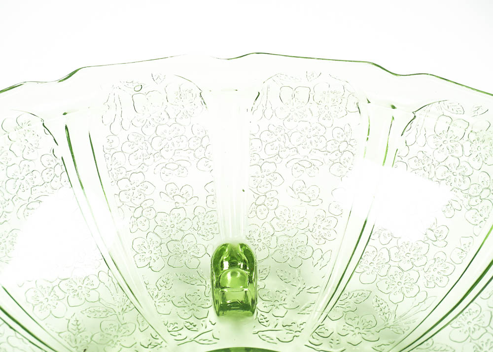 Green Cherry Blossom Pattern Depression Glass Bowl
