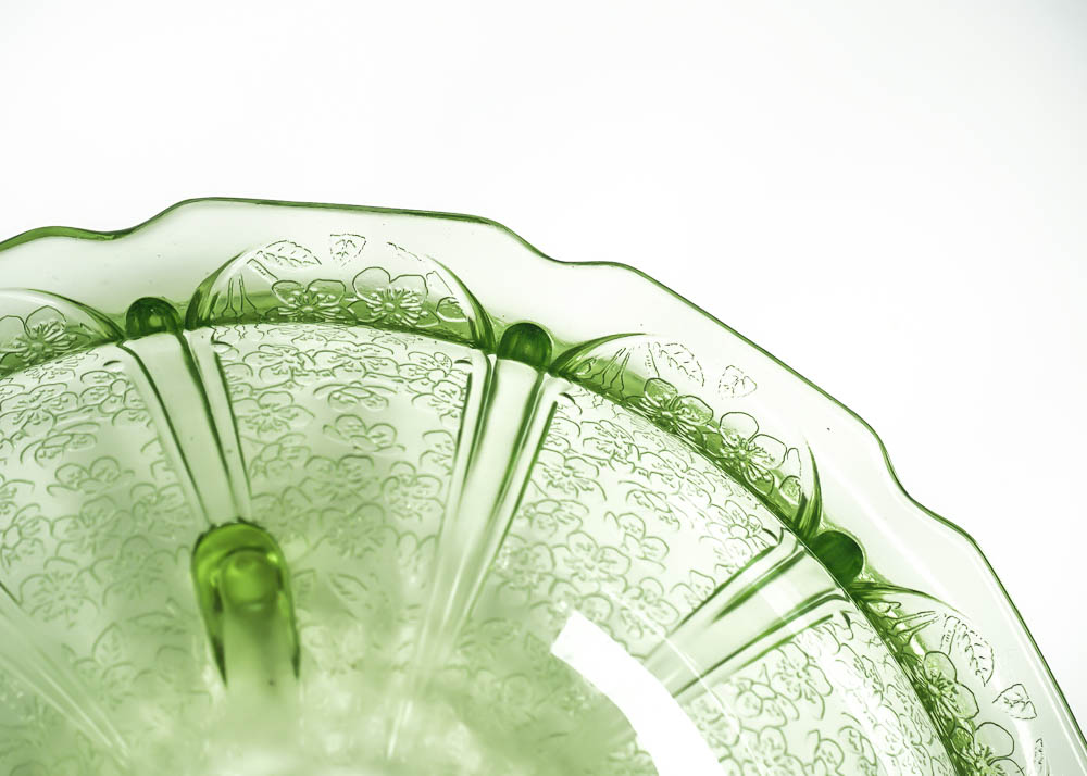 Green Cherry Blossom Pattern Depression Glass Bowl