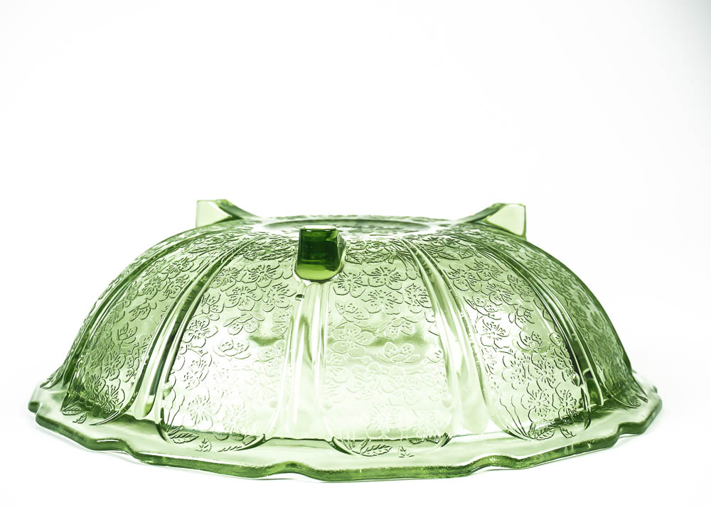 Green Cherry Blossom Pattern Depression Glass Bowl