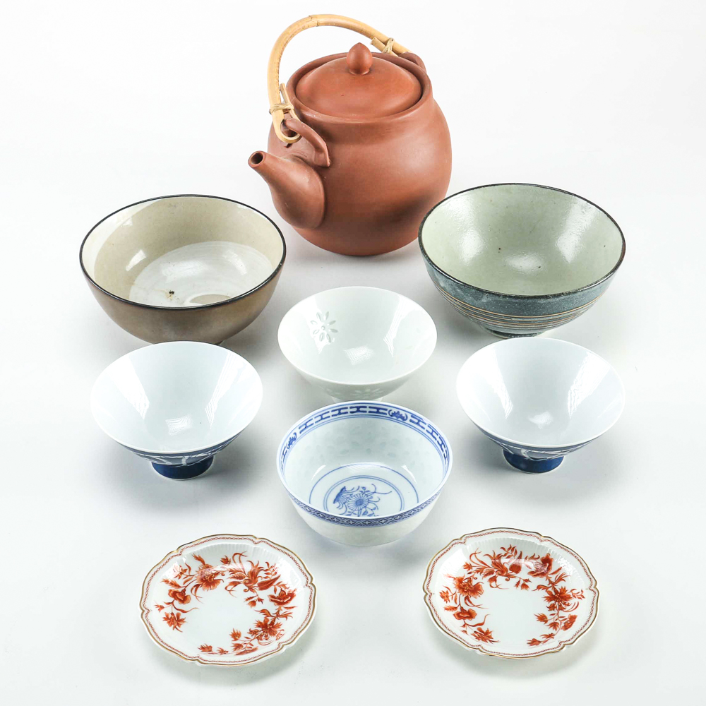 Collection of Stoneware and Porcelain Bowls with a Teapot