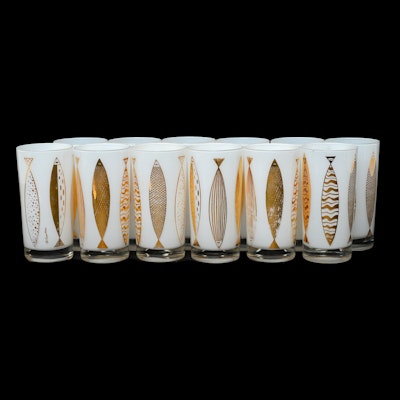 Collection of Fred Press Mid-Century Gold Highball Fish Glasses Collection of Fred Press Mid-Century Gold Highball Fish Glasses