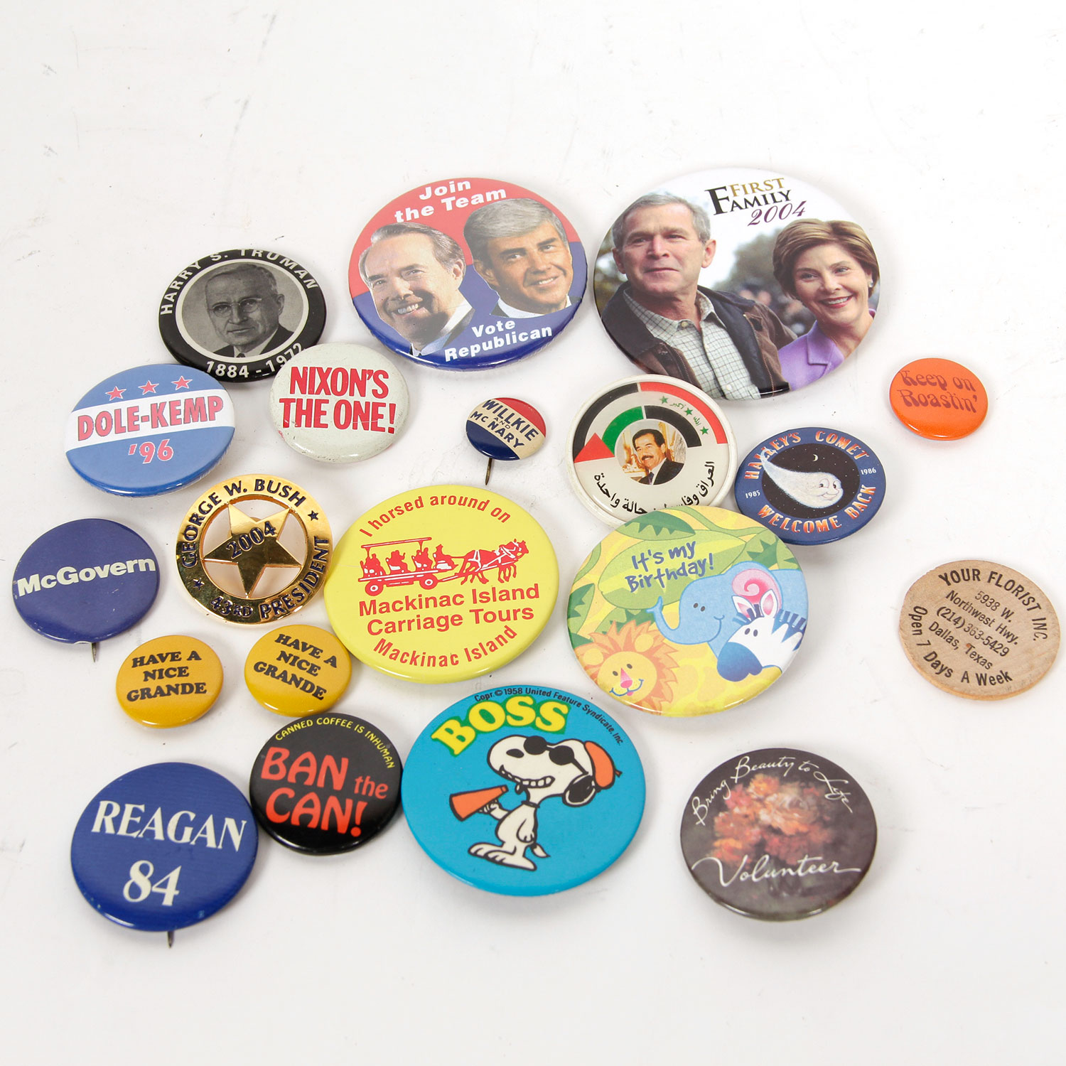 Political and Advertising Pins in Vintage Hershey's Chocolate Tin
