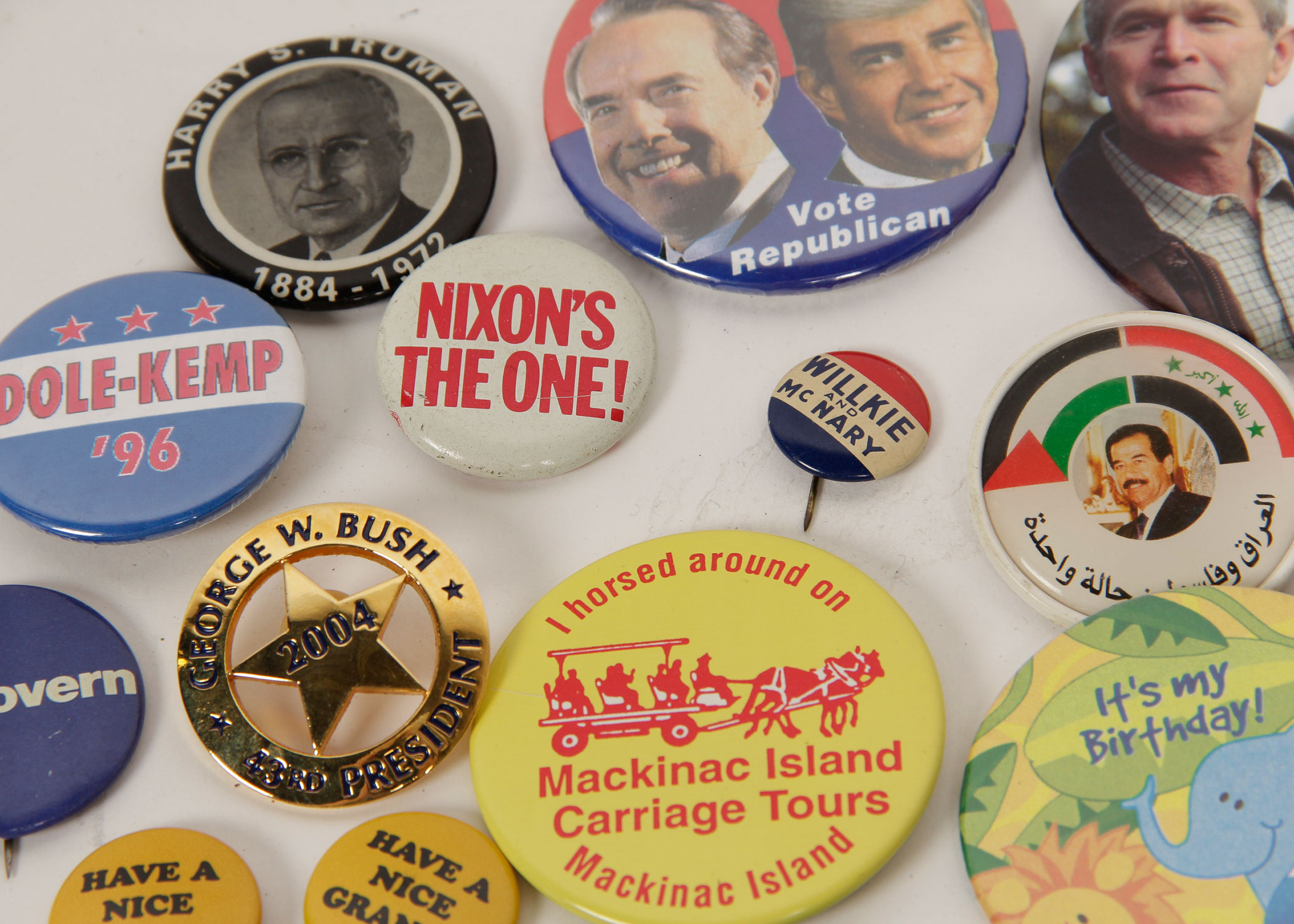 Political and Advertising Pins in Vintage Hershey's Chocolate Tin