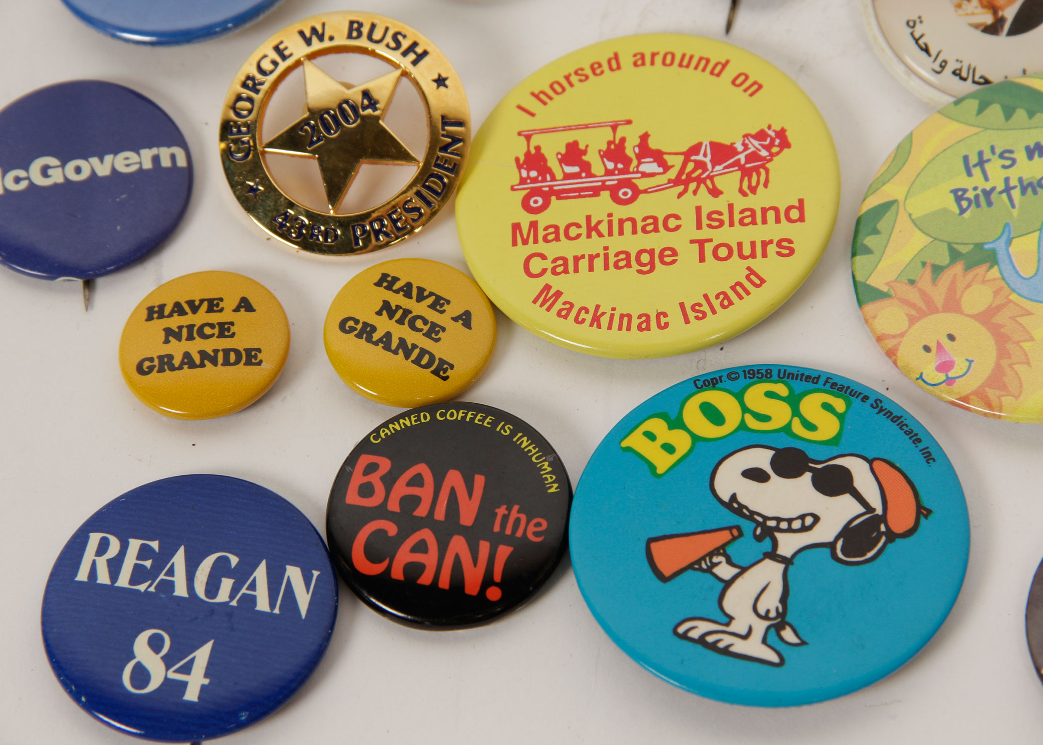 Political and Advertising Pins in Vintage Hershey's Chocolate Tin