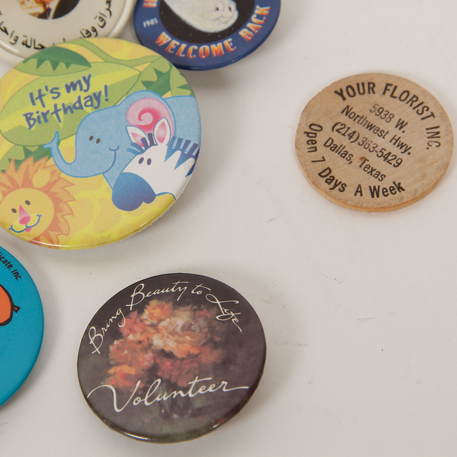 Political and Advertising Pins in Vintage Hershey's Chocolate Tin