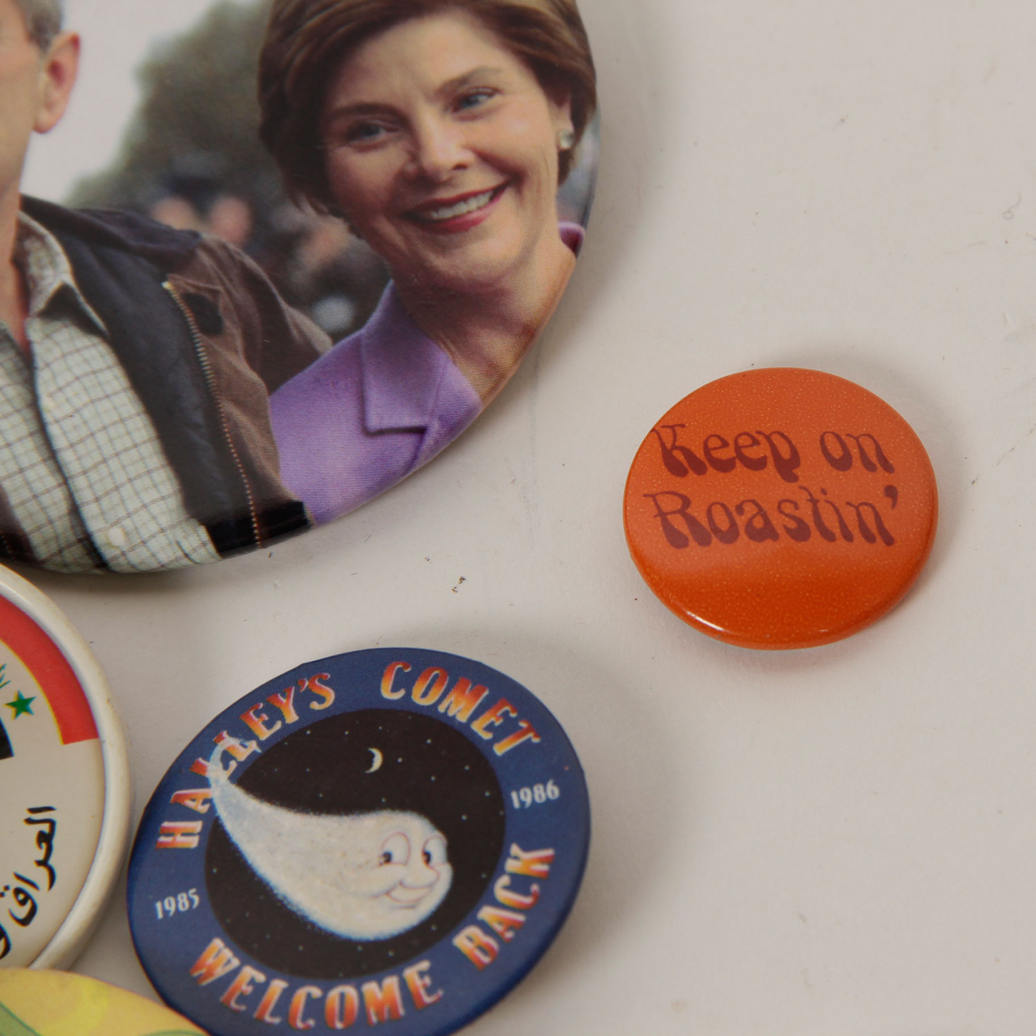 Political and Advertising Pins in Vintage Hershey's Chocolate Tin