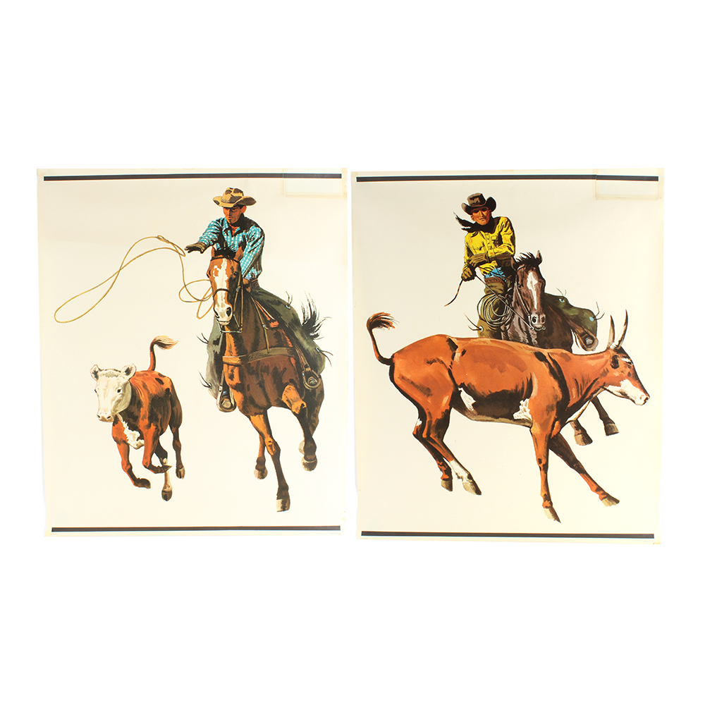 Pair of 1975 Vintage Del Monte Western Cowboy Lasso Scene Advertisement Posters
