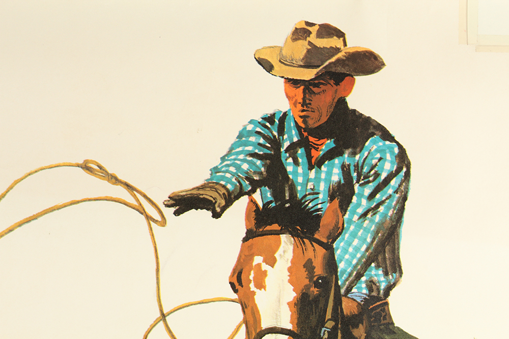 Pair of 1975 Vintage Del Monte Western Cowboy Lasso Scene Advertisement Posters