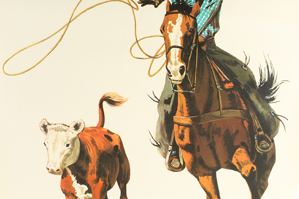 Pair of 1975 Vintage Del Monte Western Cowboy Lasso Scene Advertisement Posters