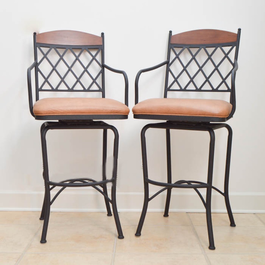 Pair of Black Metal Bar Stools with Faux Leather Seats