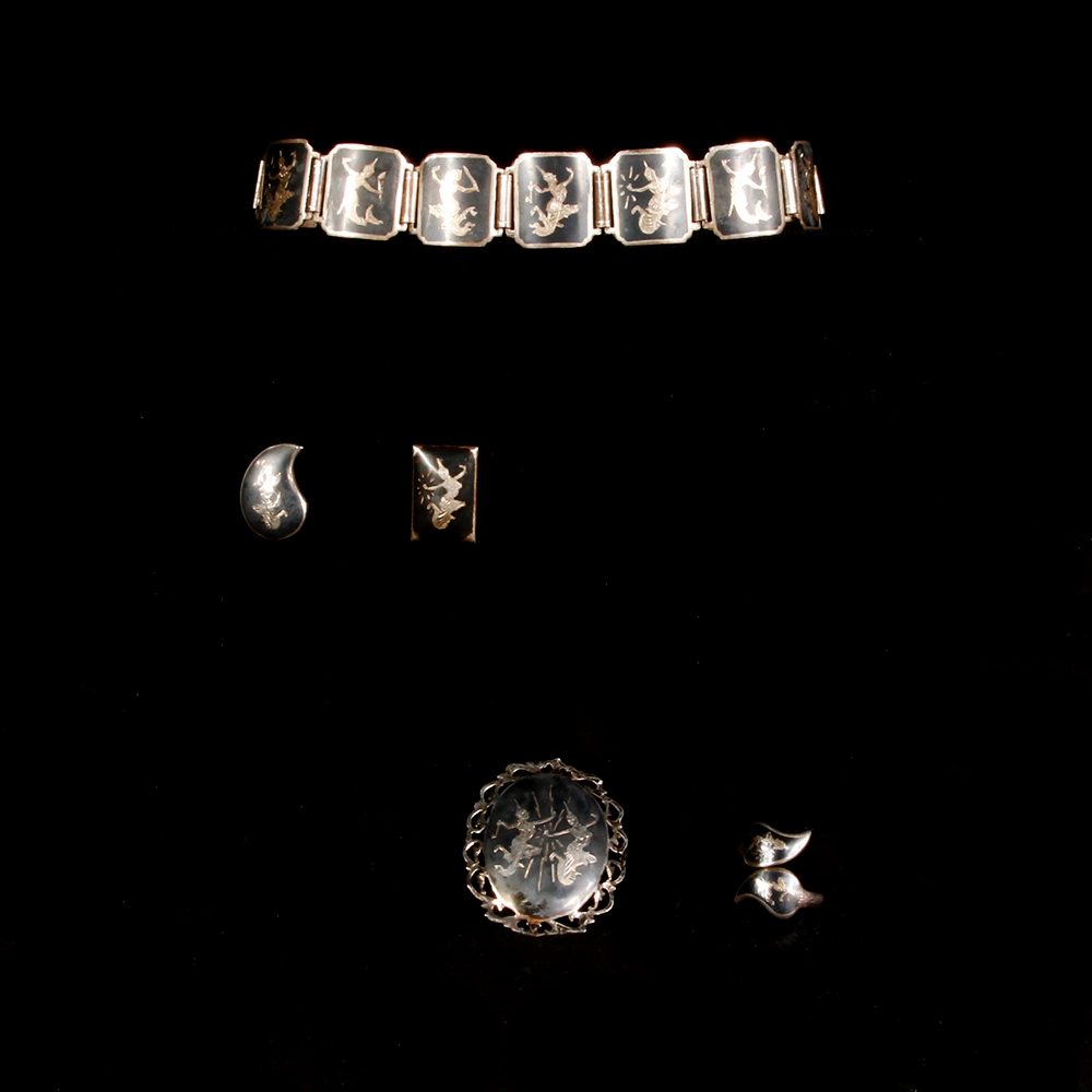 Vintage Siam Nielloware Sterling Silver Demi Parure Set