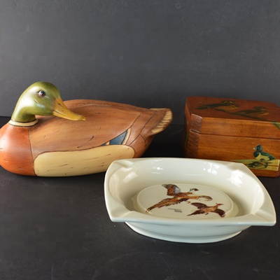 Ceramic Duck, Wood Duck Box, and a Pheasant Ash Receiver