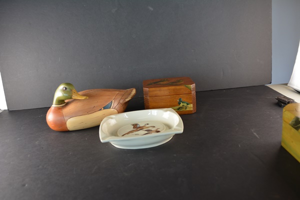 Ceramic Duck, Wood Duck Box, and a Pheasant Ash Receiver