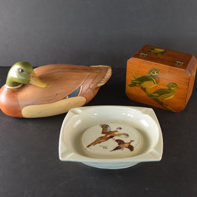 Ceramic Duck, Wood Duck Box, and a Pheasant Ash Receiver