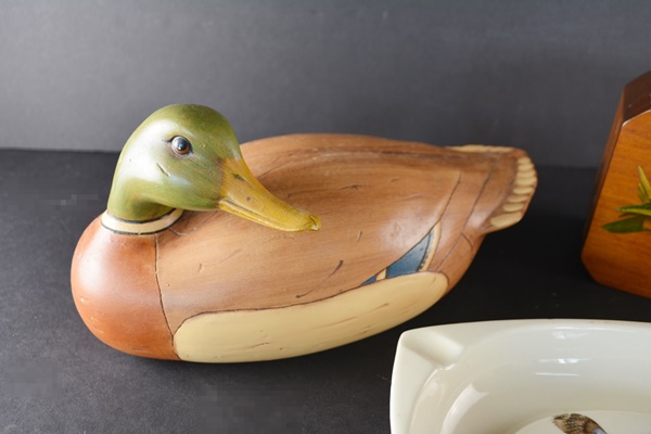 Ceramic Duck, Wood Duck Box, and a Pheasant Ash Receiver