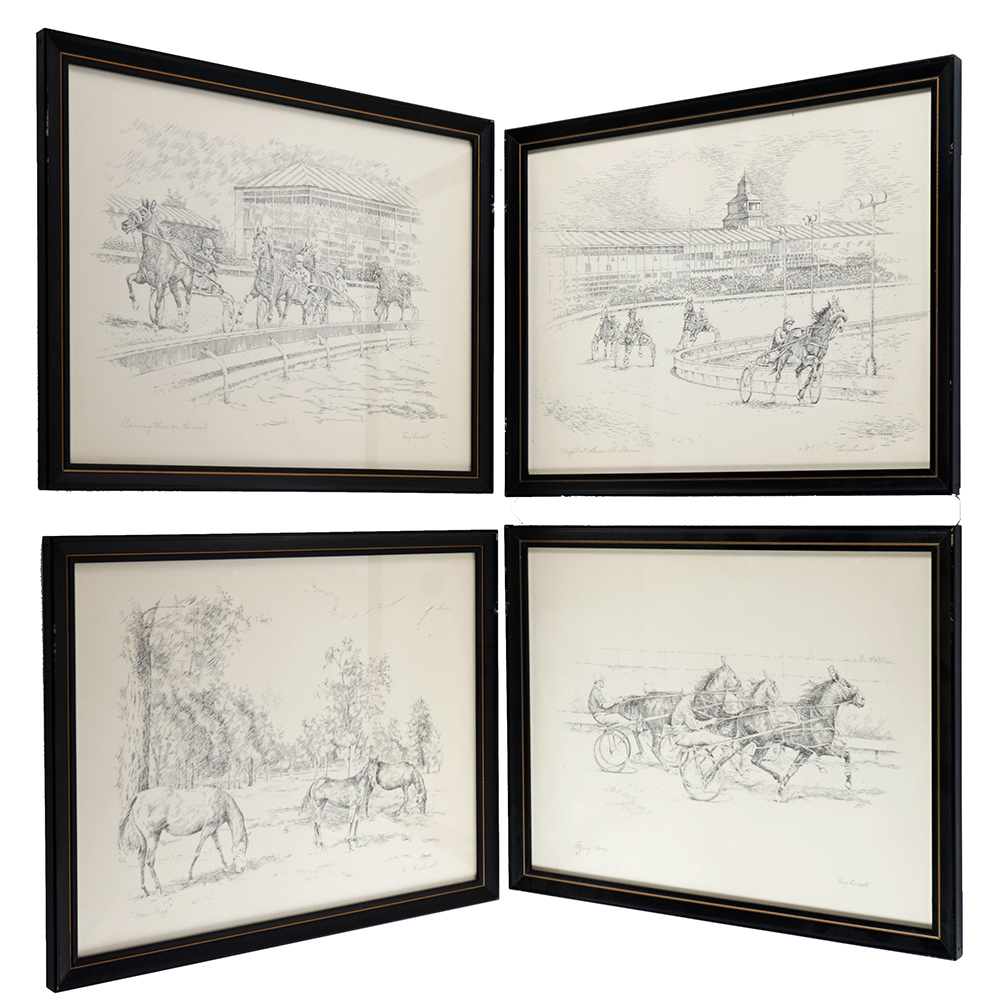 Four Framed Signed Equestrian Etchings by Tony Oswald