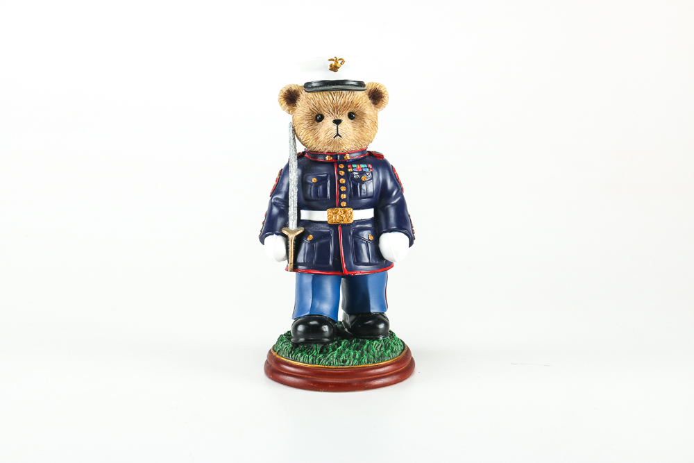 Black Ceramic Teapot and Resin Marine Corps Bear Figurine