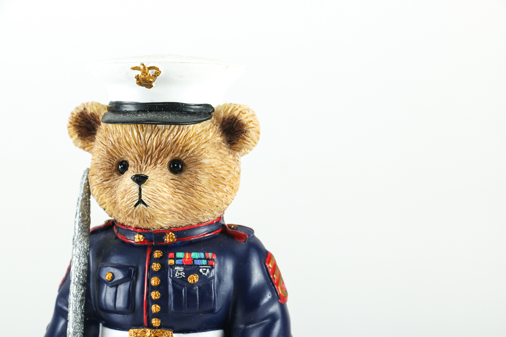 Black Ceramic Teapot and Resin Marine Corps Bear Figurine