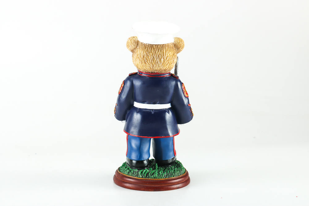 Black Ceramic Teapot and Resin Marine Corps Bear Figurine