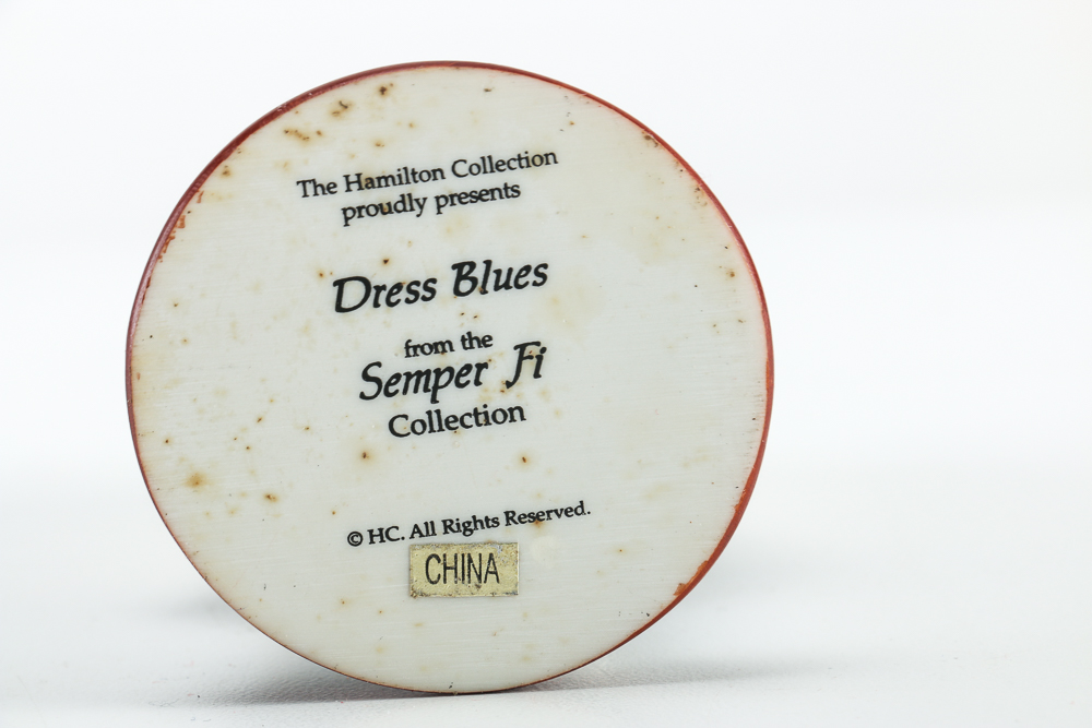 Black Ceramic Teapot and Resin Marine Corps Bear Figurine