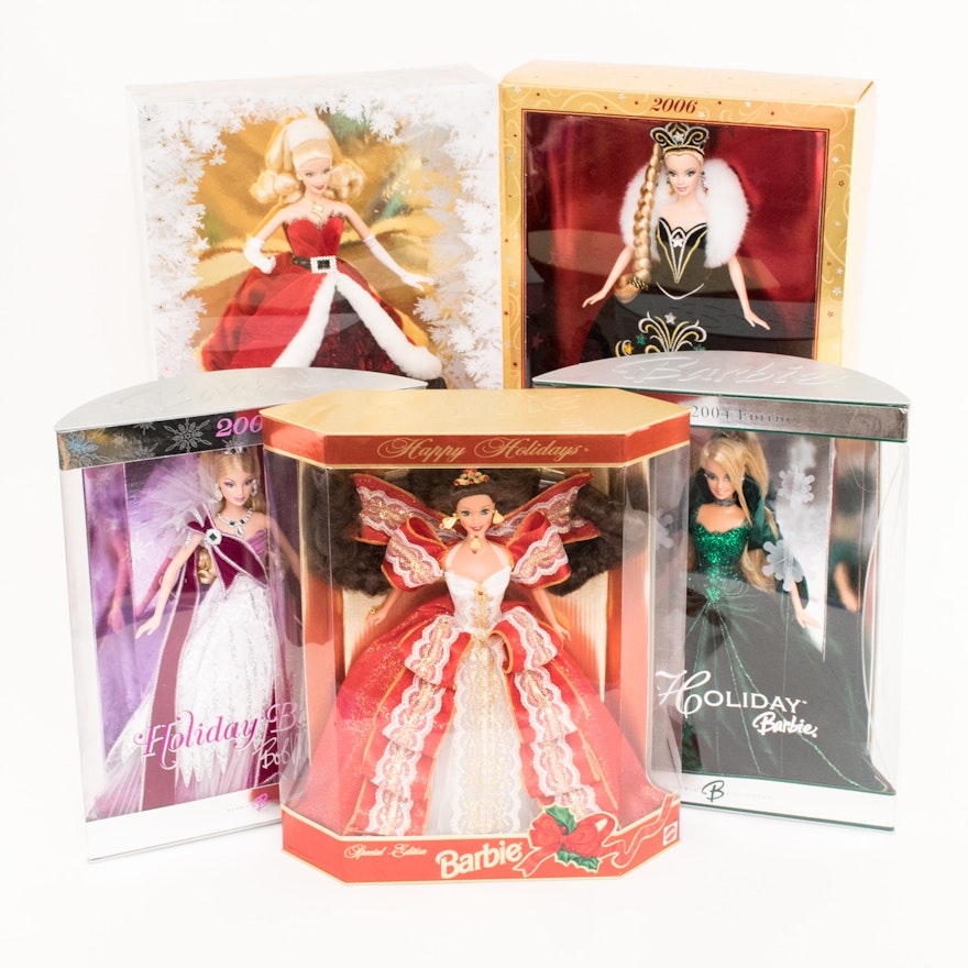 Five Collectible Holiday Barbies in Boxes