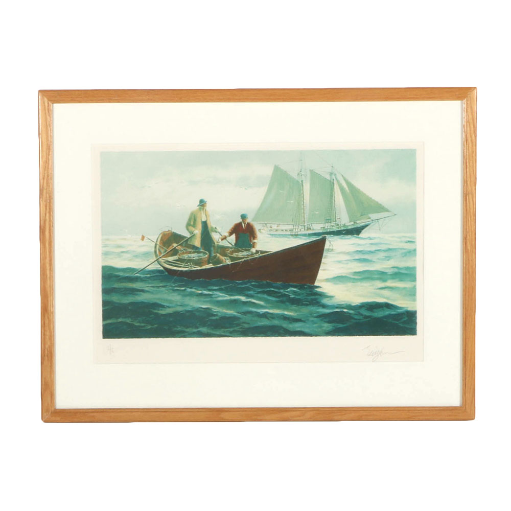 Eldred Clark Johnson Signed Lithograph "Dorrymen & Wind Jammer"