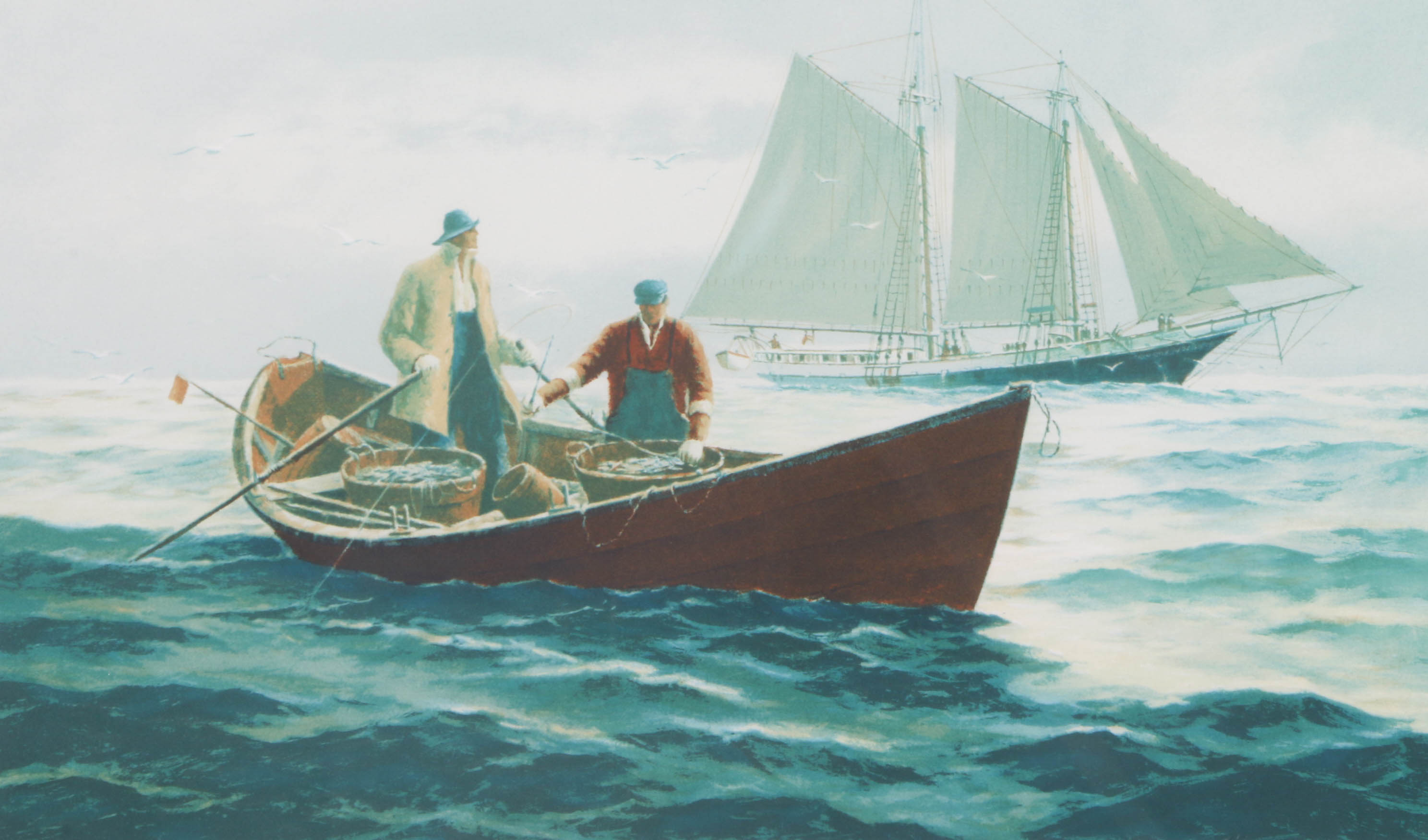 Eldred Clark Johnson Signed Lithograph "Dorrymen & Wind Jammer"