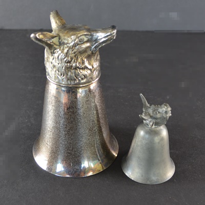 Silver Plated Fox and Pewter Bull Stirrup Cups