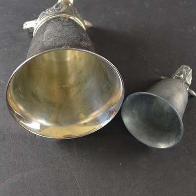 Silver Plated Fox and Pewter Bull Stirrup Cups