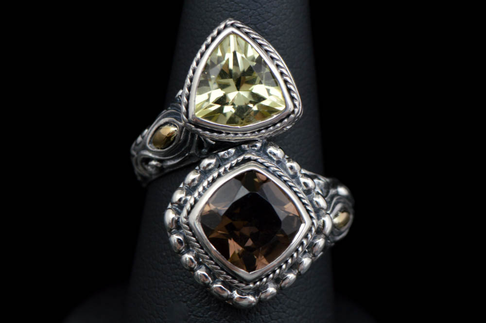 Robert Manse Sterling Silver, 18K Gold, Smoky Quartz and Lemon Quartz Ring