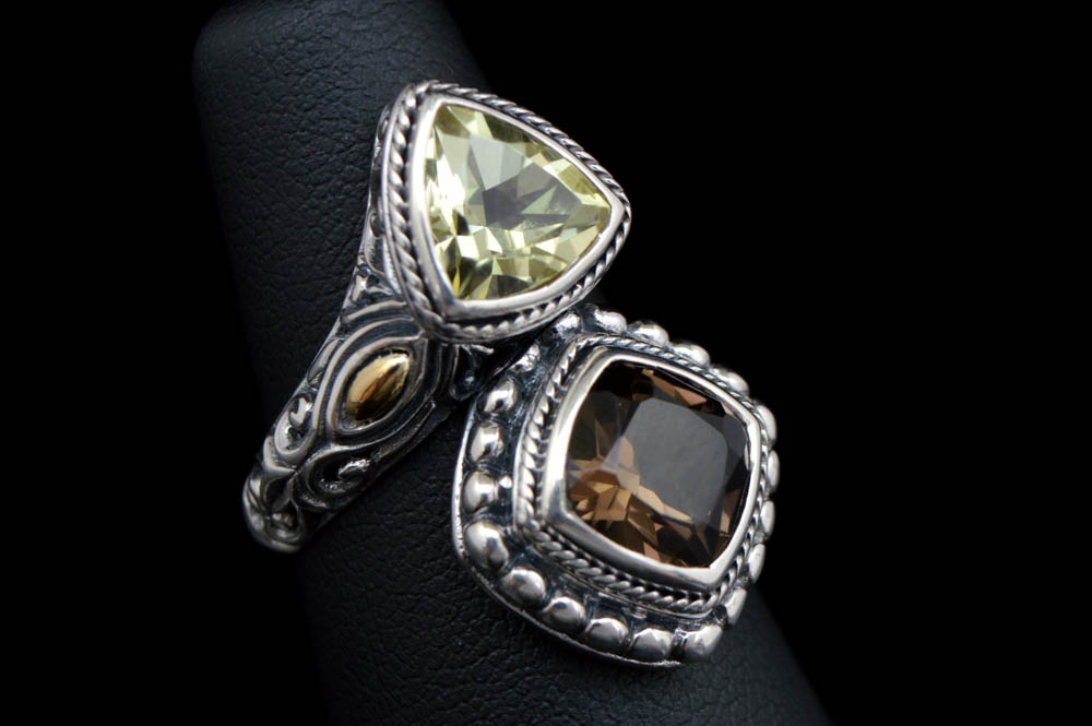 Robert Manse Sterling Silver, 18K Gold, Smoky Quartz and Lemon Quartz Ring