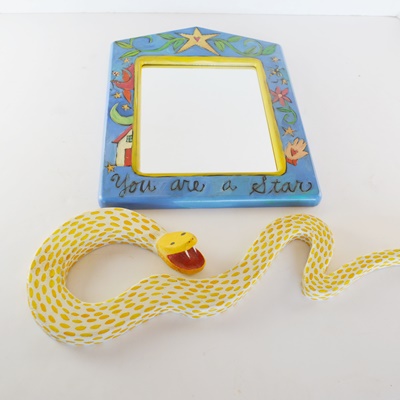 Wood Carved Child's Wall Mirror and Painted Snake