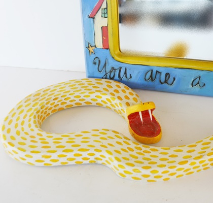 Wood Carved Child's Wall Mirror and Painted Snake