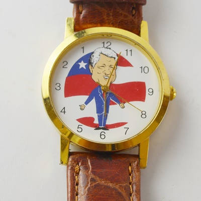 Caricature Bill Clinton Watch With a Dakota Leather Band and Gadzooks Zippersnapper Elephant/Donkey