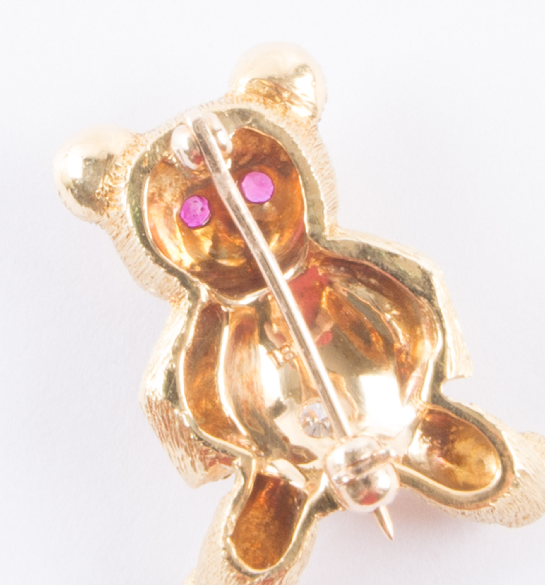 18K Gold Bear Pin with Ruby Eyes and Diamond Belly Button