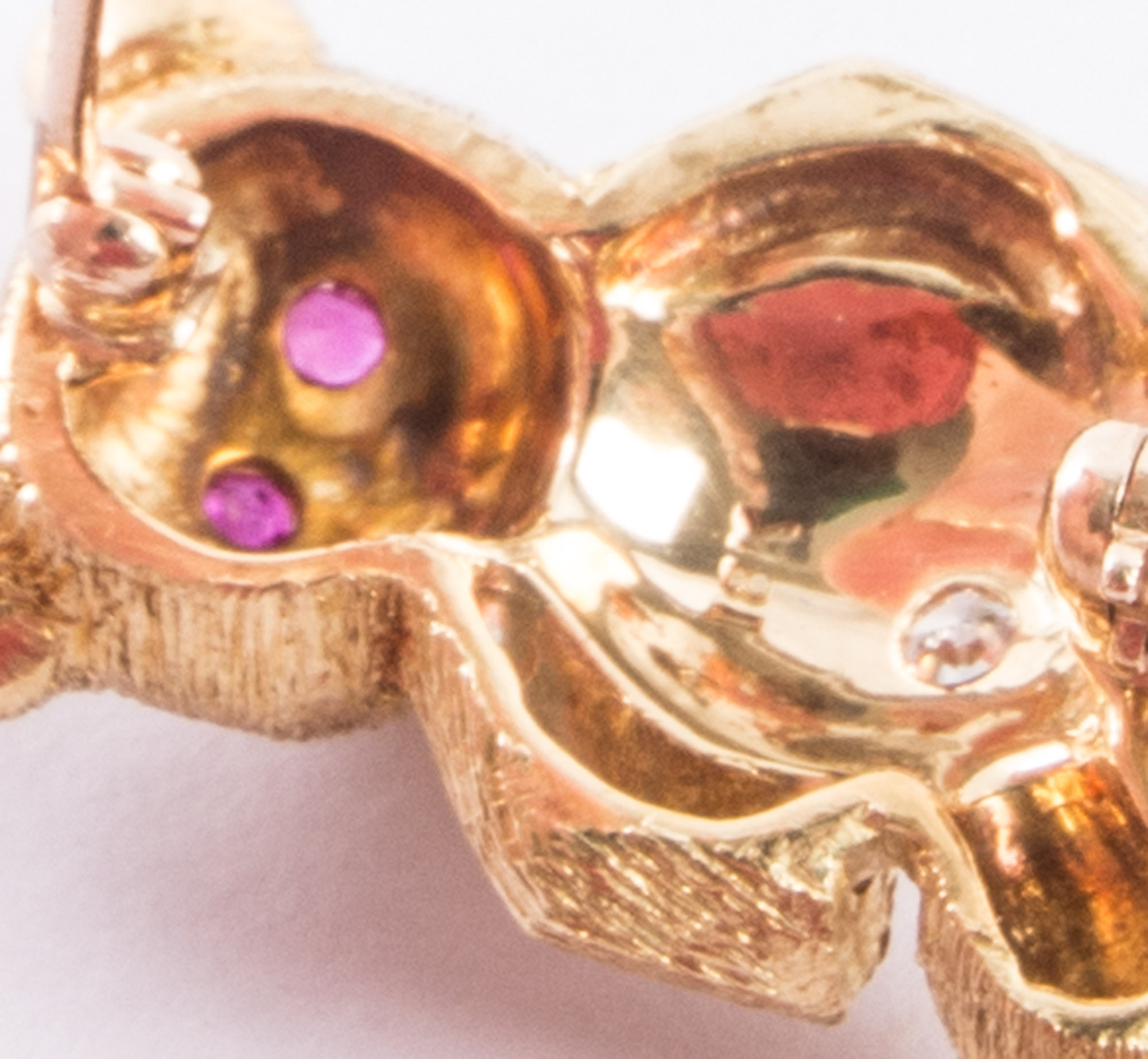 18K Gold Bear Pin with Ruby Eyes and Diamond Belly Button