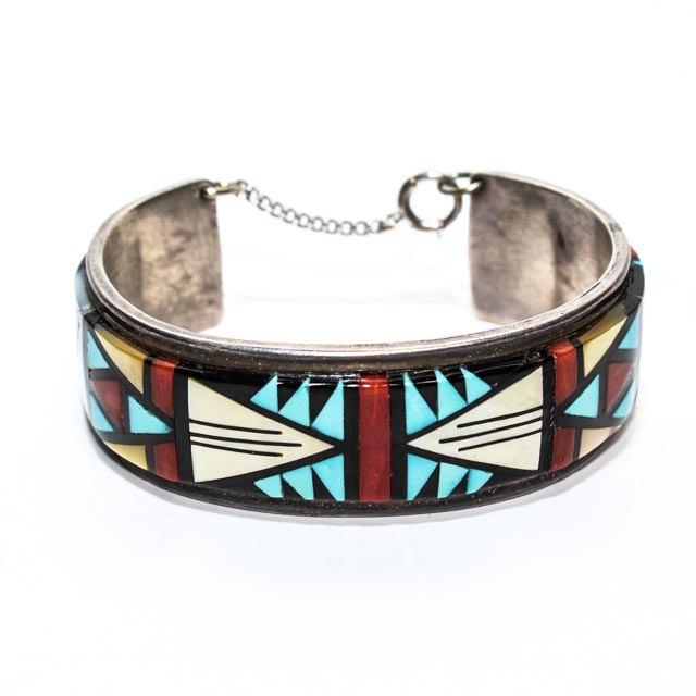 Signed Orlinda Natewa Zuni Sterling and Mosaic Inlay Bracelet