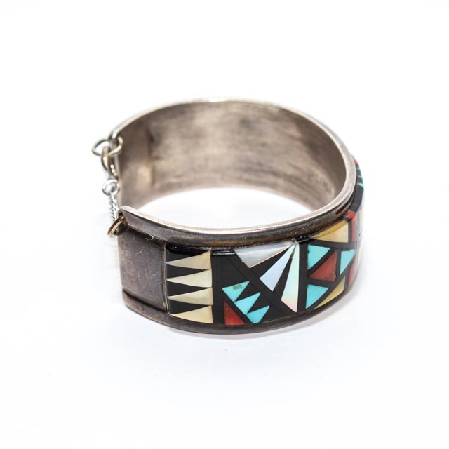 Signed Orlinda Natewa Zuni Sterling and Mosaic Inlay Bracelet