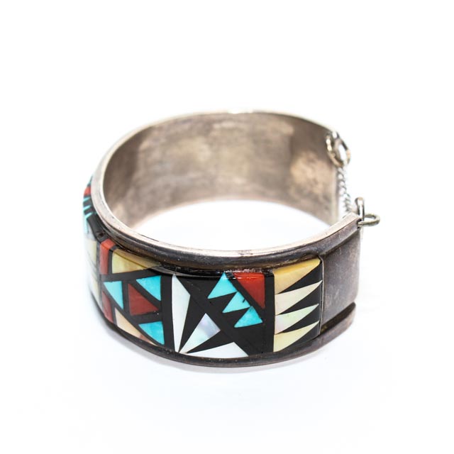 Signed Orlinda Natewa Zuni Sterling and Mosaic Inlay Bracelet