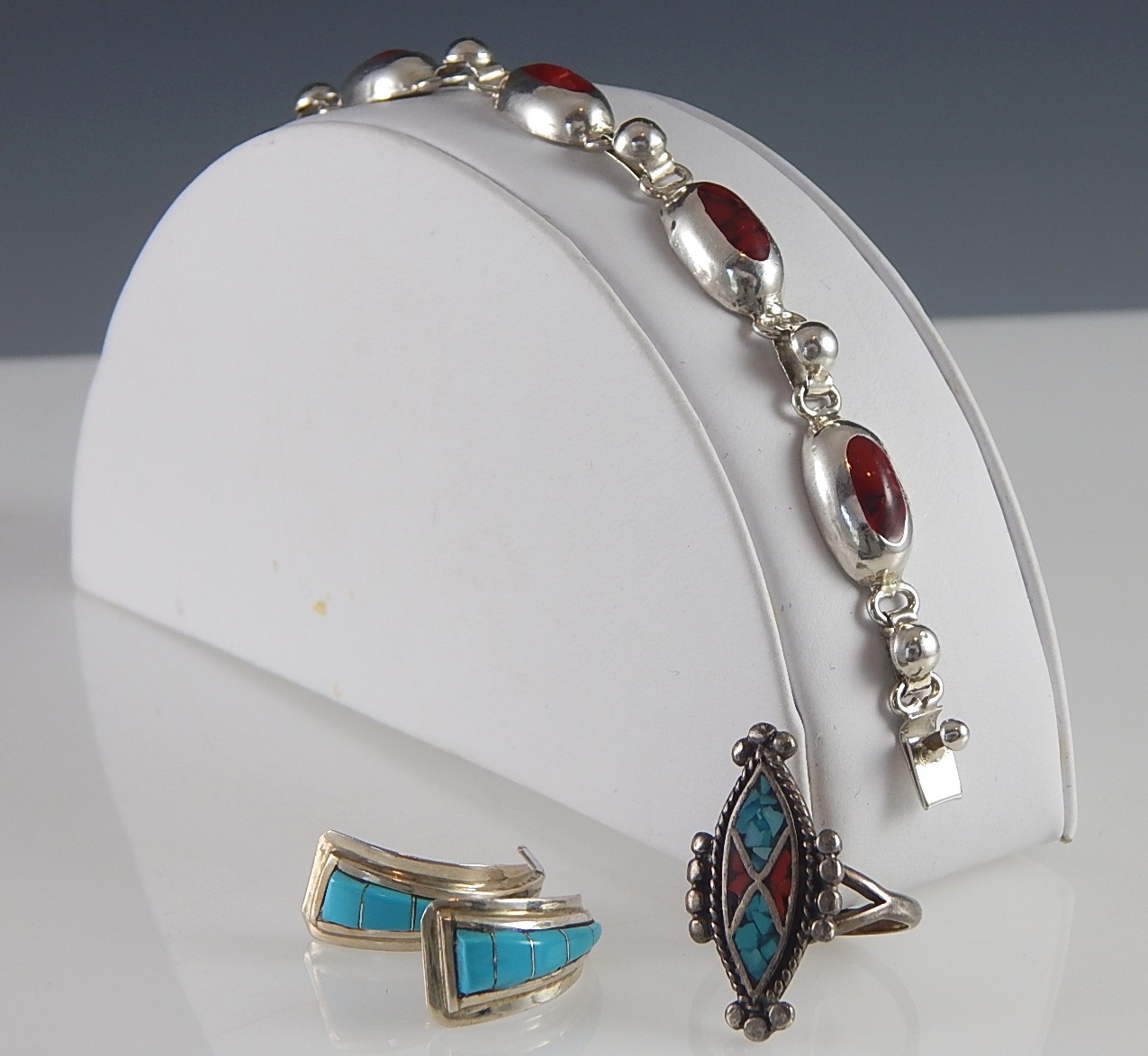 Sterling Silver Turquoise and Coral Jewelry Set