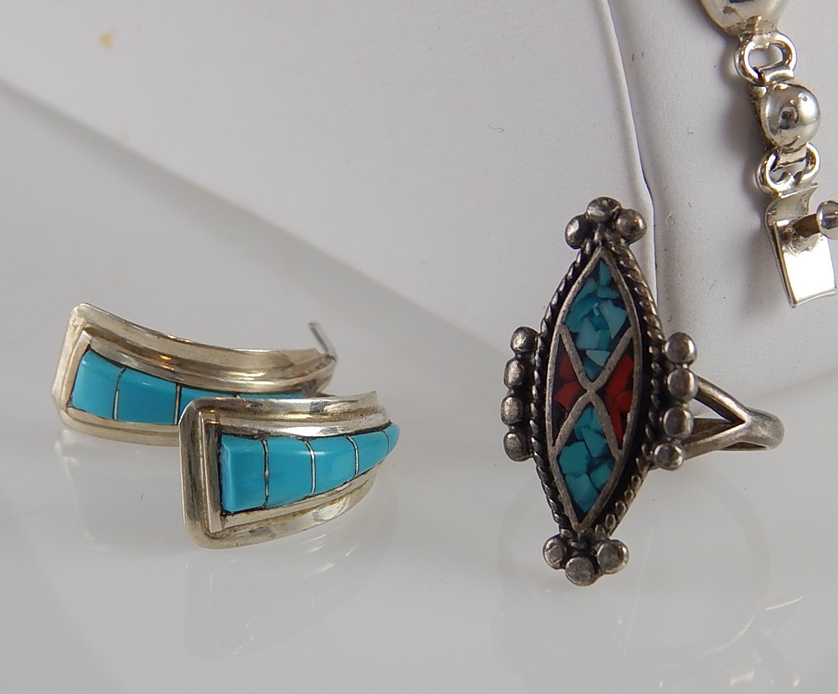 Sterling Silver Turquoise and Coral Jewelry Set