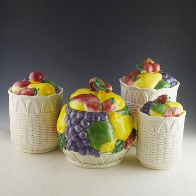 Four Otagiri Japan Basketweave and Fruit Canister Set