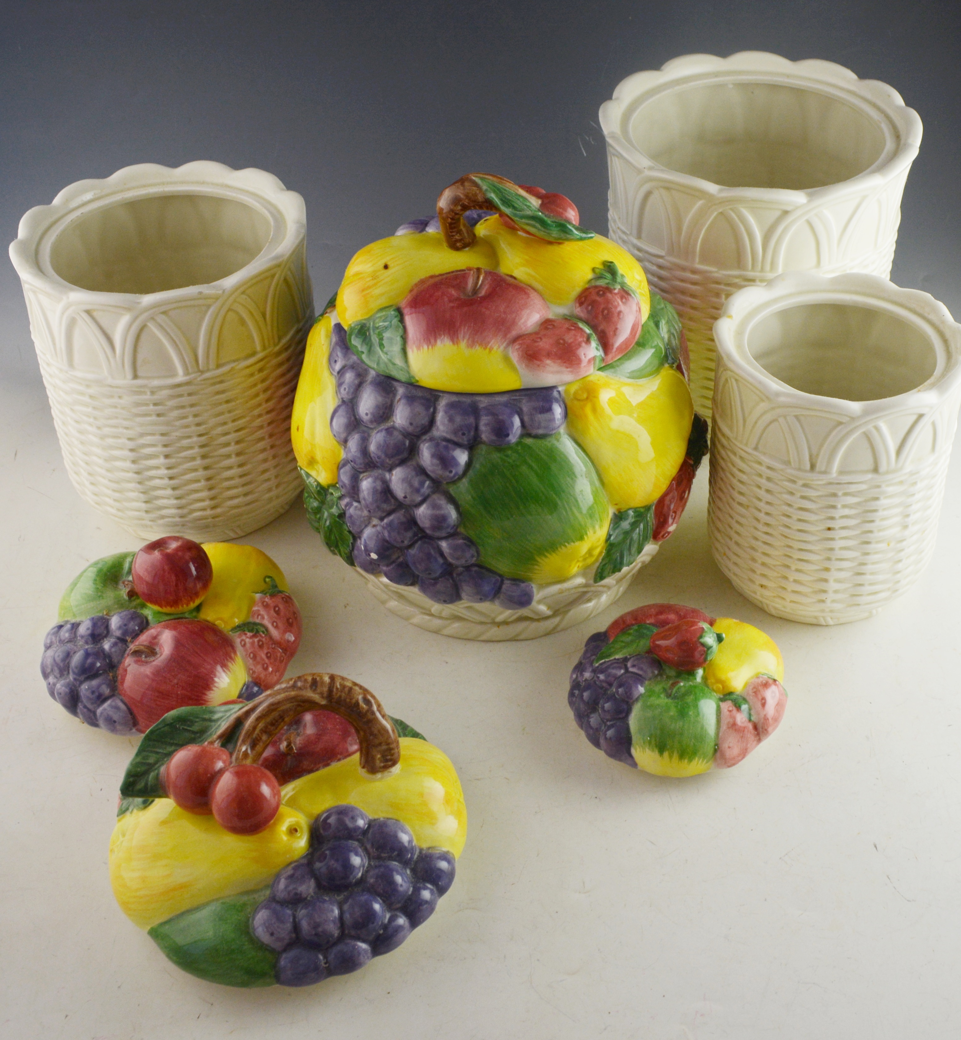 Four Otagiri Japan Basketweave and Fruit Canister Set