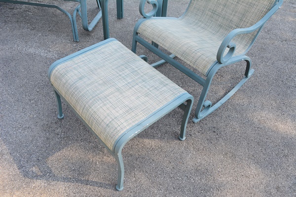 Teal Aluminum Glider, Rocking Chair, Ottoman, Side Table and Bar Cart