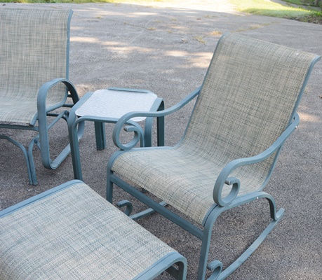 Teal Aluminum Glider, Rocking Chair, Ottoman, Side Table and Bar Cart