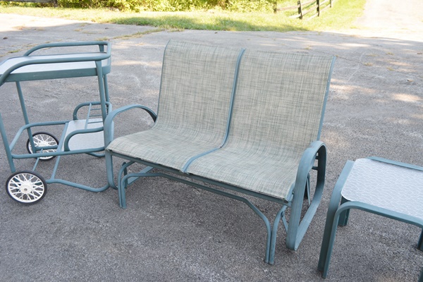 Teal Aluminum Glider, Rocking Chair, Ottoman, Side Table and Bar Cart