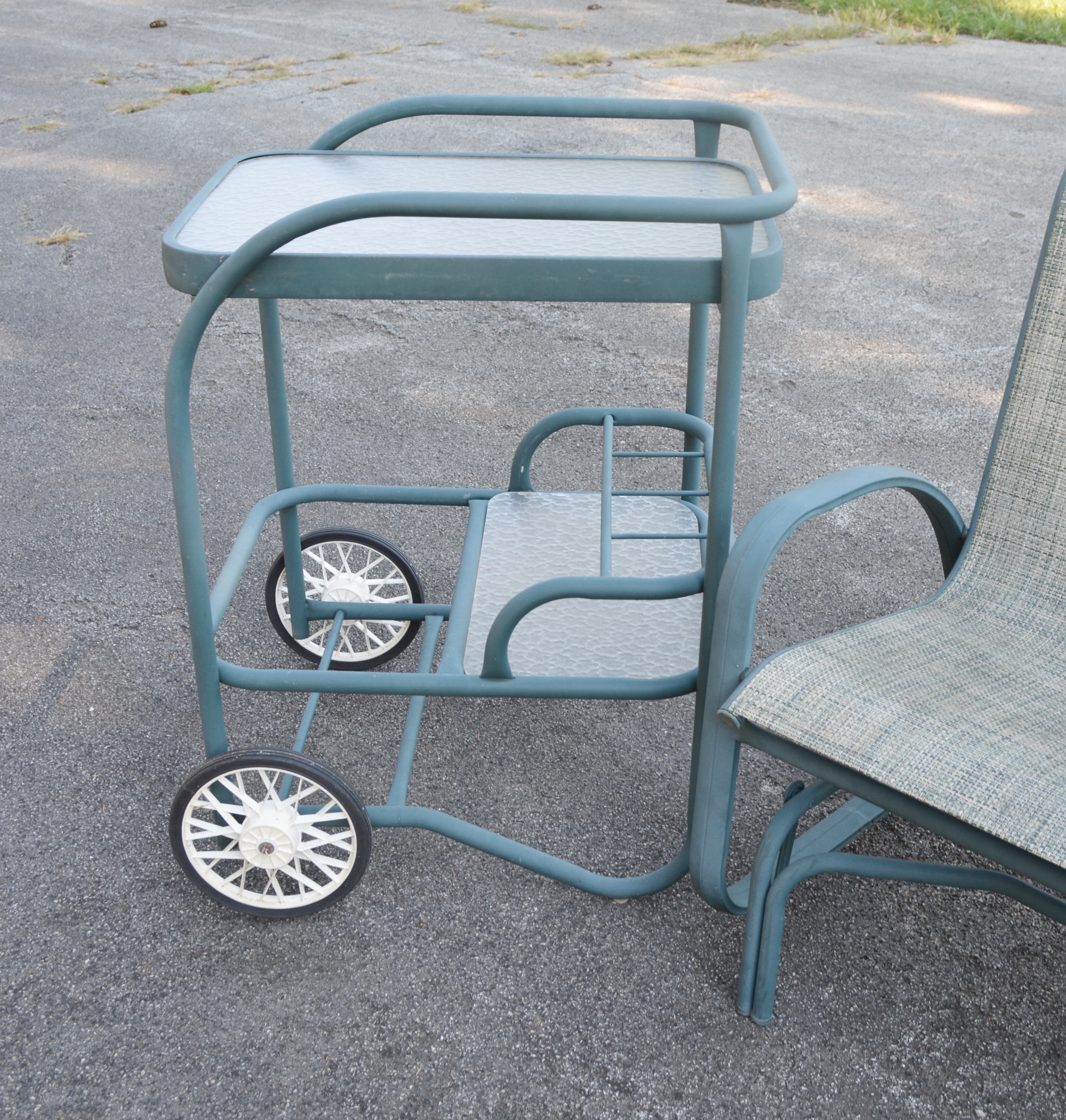 Teal Aluminum Glider, Rocking Chair, Ottoman, Side Table and Bar Cart