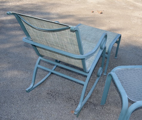 Teal Aluminum Glider, Rocking Chair, Ottoman, Side Table and Bar Cart